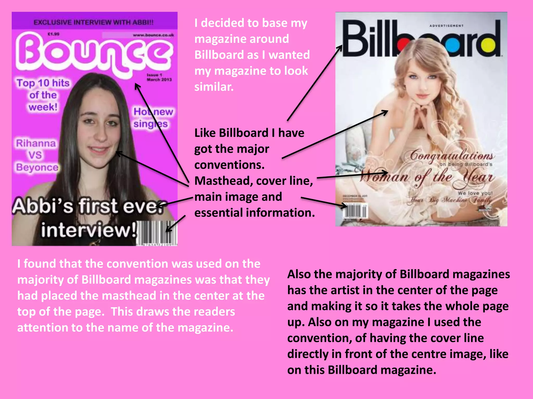 I decided to base my
                               magazine around
                               Billboard as I wanted
                               my magazine to look
                               similar.


                               Like Billboard I have
                               got the major
                               conventions.
                               Masthead, cover line,
                               main image and
                               essential information.


I found that the convention was used on the
majority of Billboard magazines was that they   Also the majority of Billboard magazines
had placed the masthead in the center at the    has the artist in the center of the page
top of the page. This draws the readers         and making it so it takes the whole page
attention to the name of the magazine.          up. Also on my magazine I used the
                                                convention, of having the cover line
                                                directly in front of the centre image, like
                                                on this Billboard magazine.
 
