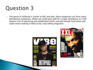  The genre of shiftyrap is similar to XXL and vibe, these magazines are from major
distribution companies. Shifty rap could work well for a major distributor as it will
feature a lot of upcoming and established artists and will include fresh ideas and
styles hence making it likely to be a top selling magazine.
 