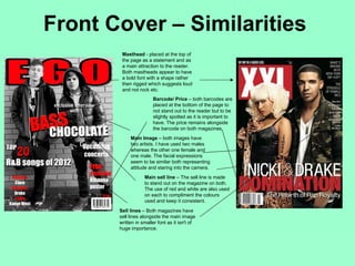 Front Cover – Similarities
        Masthead - placed at the top of
        the page as a statement and as
        a main attraction to the reader.
        Both mastheads appear to have
        a bold font with a shape rather
        then rigged which suggests loud
        and not rock etc.
                       Barcode/ Price – both barcodes are
                       placed at the bottom of the page to
                       not stand out to the reader but to be
                       slightly spotted as it is important to
                       have. The price remains alongside
                       the barcode on both magazines.
            Main Image – both images have
            two artists. I have used two males
            whereas the other one female and
            one male. The facial expressions
            seem to be similar both representing
            attitude and staring into the camera.
                   Main sell line – The sell line is made
                   to stand out on the magazine on both.
                   The use of red and white are also used
                   on each to compliment the colours
                   used and keep it consistent.
       Sell lines – Both magazines have
       sell lines alongside the main image
       written in smaller font as it isn't of
       huge importance.
 
