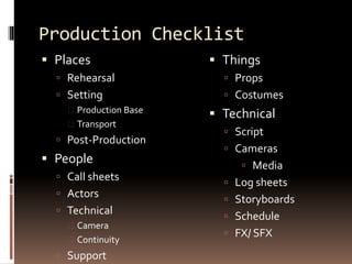 Production Checklist 
 Places 
 Rehearsal 
 Setting 
 Production Base 
 Transport 
 Post-Production 
 People 
 Call sheets 
 Actors 
 Technical 
 Camera 
 Continuity 
 Support 
 Things 
 Props 
 Costumes 
 Technical 
 Script 
 Cameras 
 Media 
 Log sheets 
 Storyboards 
 Schedule 
 FX/ SFX 
 