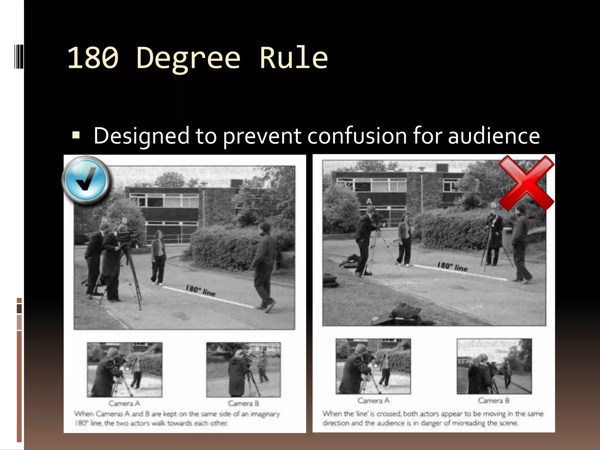 180 Degree Rule 
 Designed to prevent confusion for audience 
 