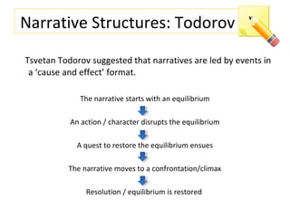 Narrative Structures: Todorov
Tsvetan Todorov suggested that narratives are led by events in
a ‘cause and effect’ format.
The narrative starts with an equilibrium
An action / character disrupts the equilibrium
A quest to restore the equilibrium ensues
The narrative moves to a confrontation/climax
Resolution / equilibrium is restored
 