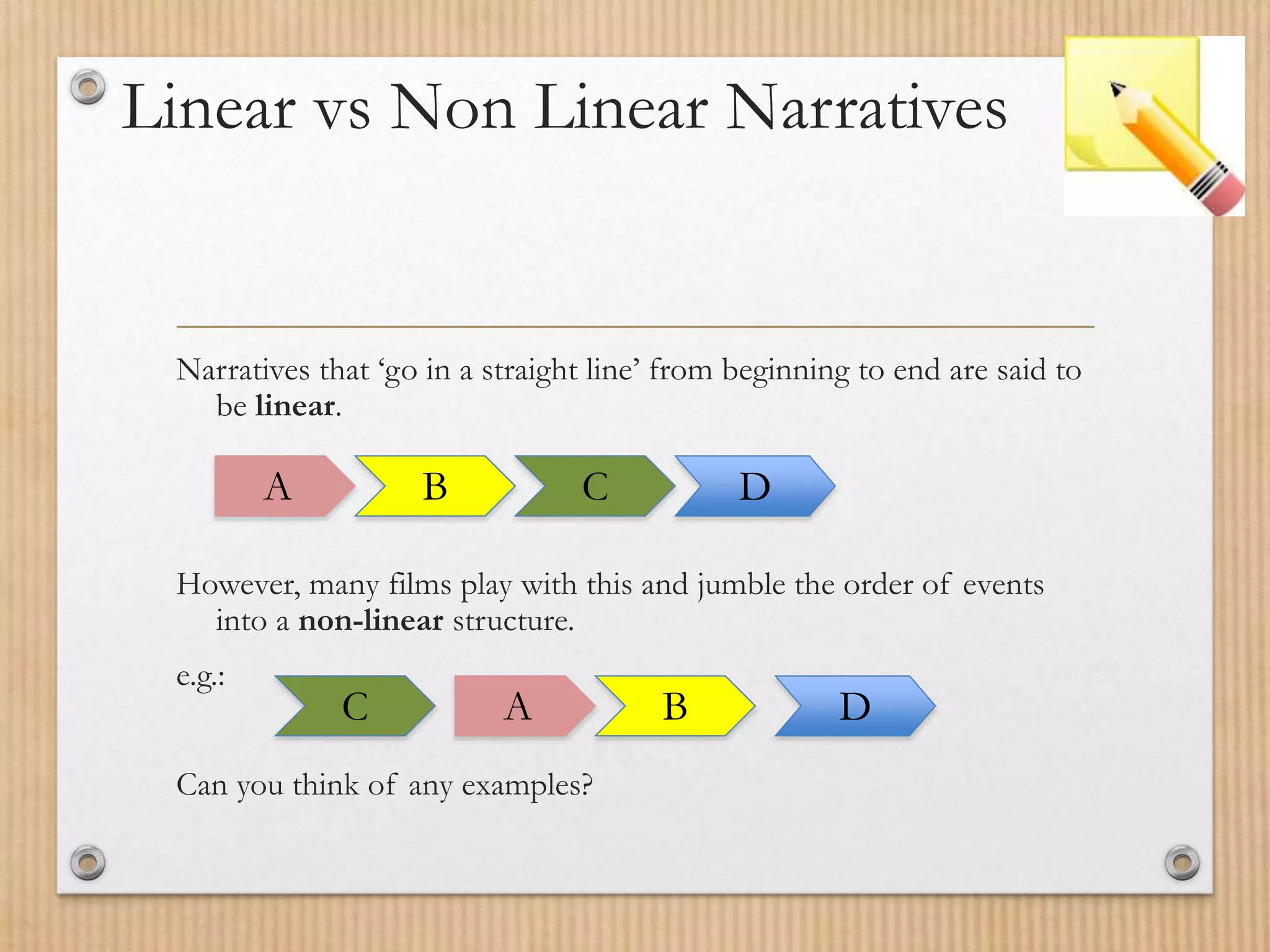 Linear vs Non Linear Narratives
Narratives that ‘go in a straight line’ from beginning to end are said to
be linear.
However, many films play with this and jumble the order of events
into a non-linear structure.
e.g.:
Can you think of any examples?
A B C D
A BC D
 