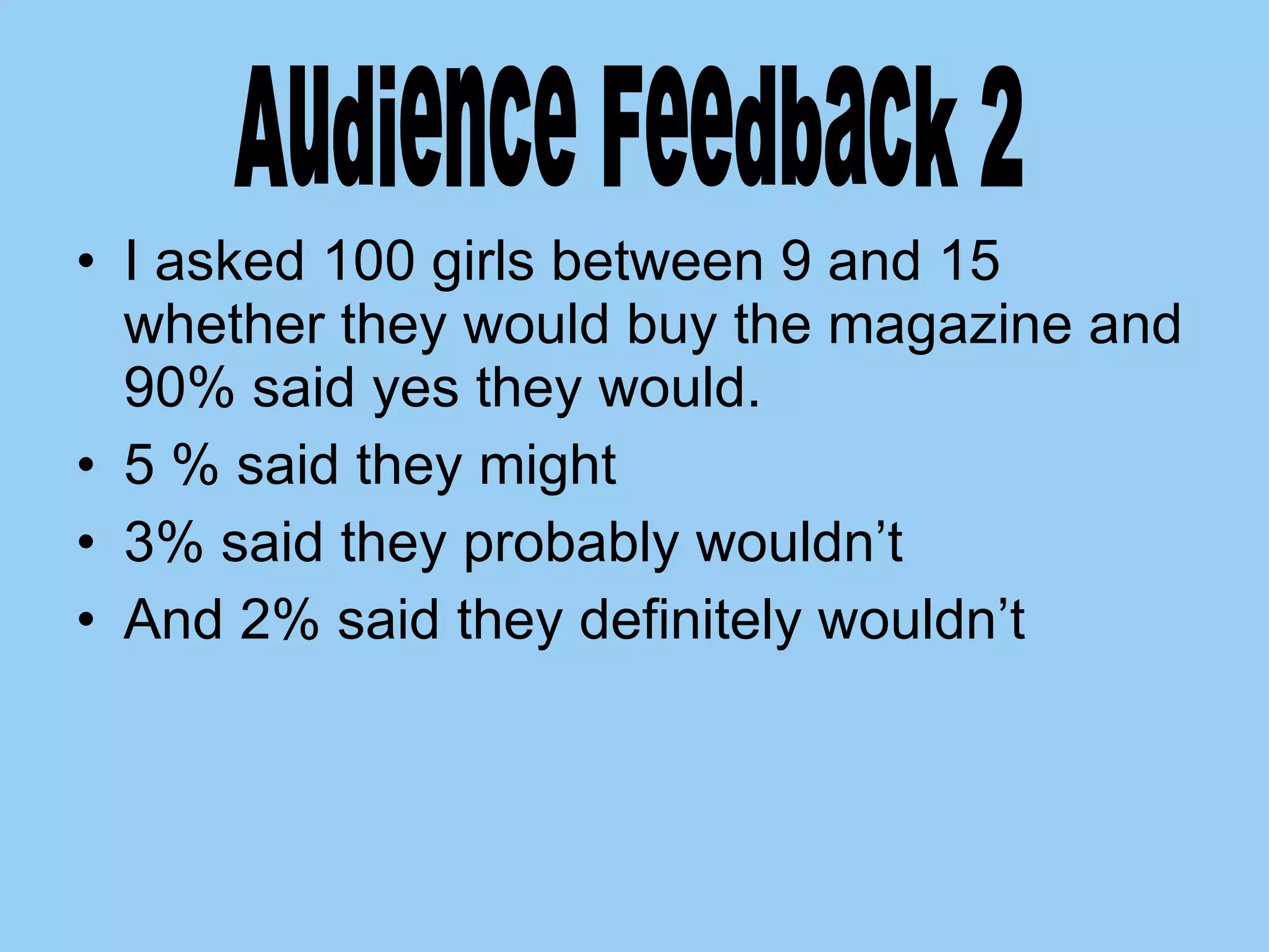 I asked 100 girls between 9 and 15 whether they would buy the magazine and 90% said yes they would.  5 % said they might 3% said they probably wouldn’t And 2% said they definitely wouldn’t Audience Feedback 2 