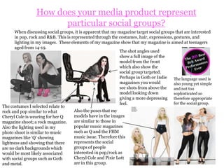 The font I have used is also similar to that of real media products, it is simple bold font which is eye-catching and easy to read. I have decided to use the font ‘Georgia’ as it is simple yet eye-catching.Another important feature of a magazine is the name . I chose to use the name ‘AMPLIFIED’ which relates to the semantic field of music so therefore was appropriate for a music magazine. Also, a common convention of a music magazine is to use bold and eye-catching font, I have therefore followed this convention by carefully selecting a font similar to the striking font used for ‘KERRANG!’ magazine.An aspect of my magazine that is important to comment on is the props I  have used in my photos. I have used props such as a guitar  headphones and a microphone, which is a common convention in music issues to give the photo shoot a music feel and to portray the correct genre. My photos relate to the music issue of FHM where Pixie Lott is holding a microphone.  This is how my magazine suggests the genre; rock-pop. The people  I have used are young and therefore appeal to the target audience. The outfits that I selected have a rock-pop vibe and relate to the clothes worn by many rock-pop artists such as Pixie Lott.