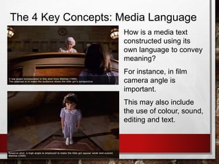 The 4 Key Concepts: Media Language
How is a media text
constructed using its
own language to convey
meaning?
For instance, in film
camera angle is
important.
This may also include
the use of colour, sound,
editing and text.
 