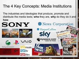 The 4 Key Concepts: Media Institutions
The industries and ideologies that produce, promote and
distribute the media texts; who they are, why do they do it and
how.
 