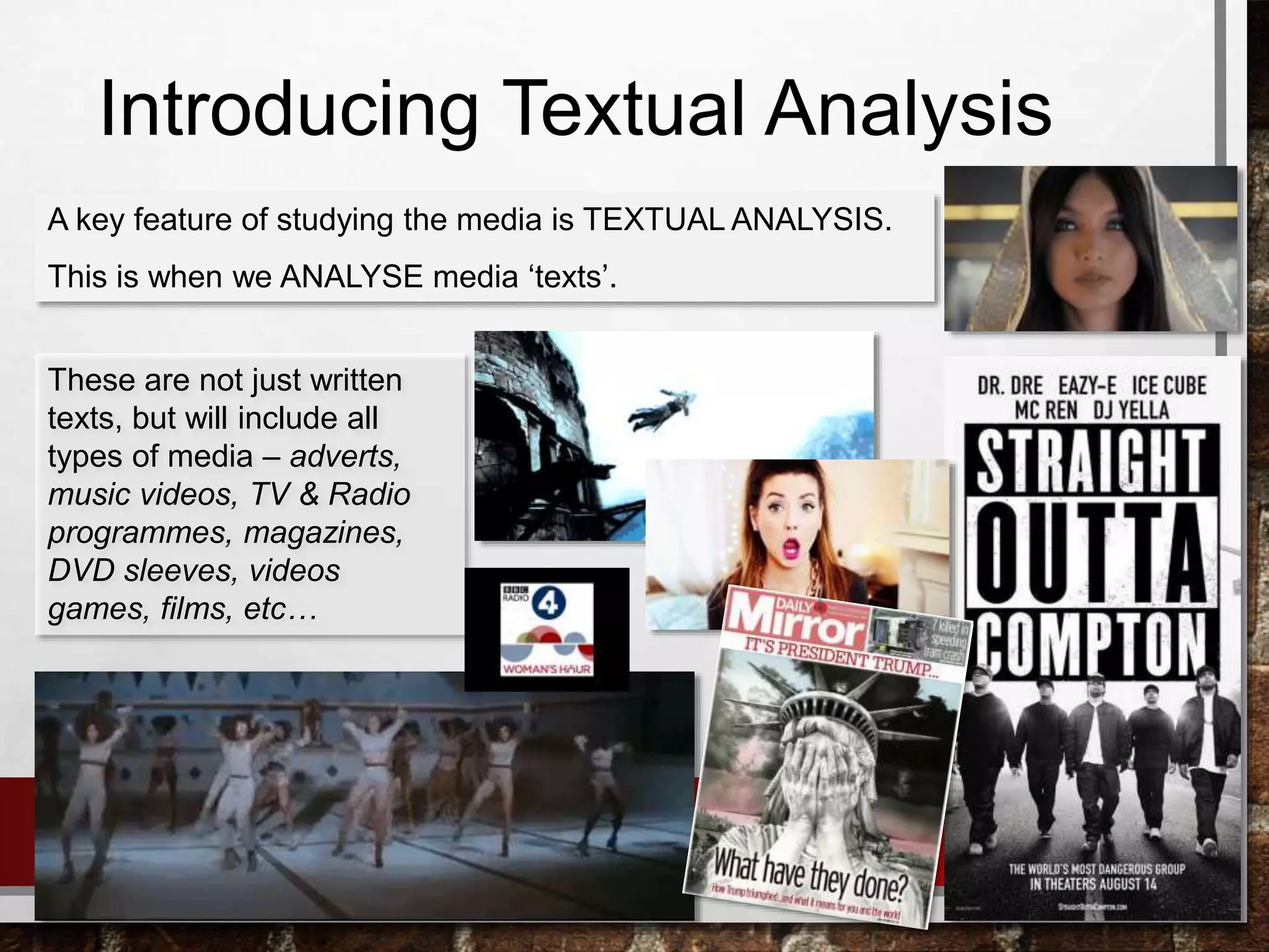 Introducing Textual Analysis
A key feature of studying the media is TEXTUAL ANALYSIS.
This is when we ANALYSE media ‘texts’.
These are not just written
texts, but will include all
types of media – adverts,
music videos, TV & Radio
programmes, magazines,
DVD sleeves, videos
games, films, etc…
 