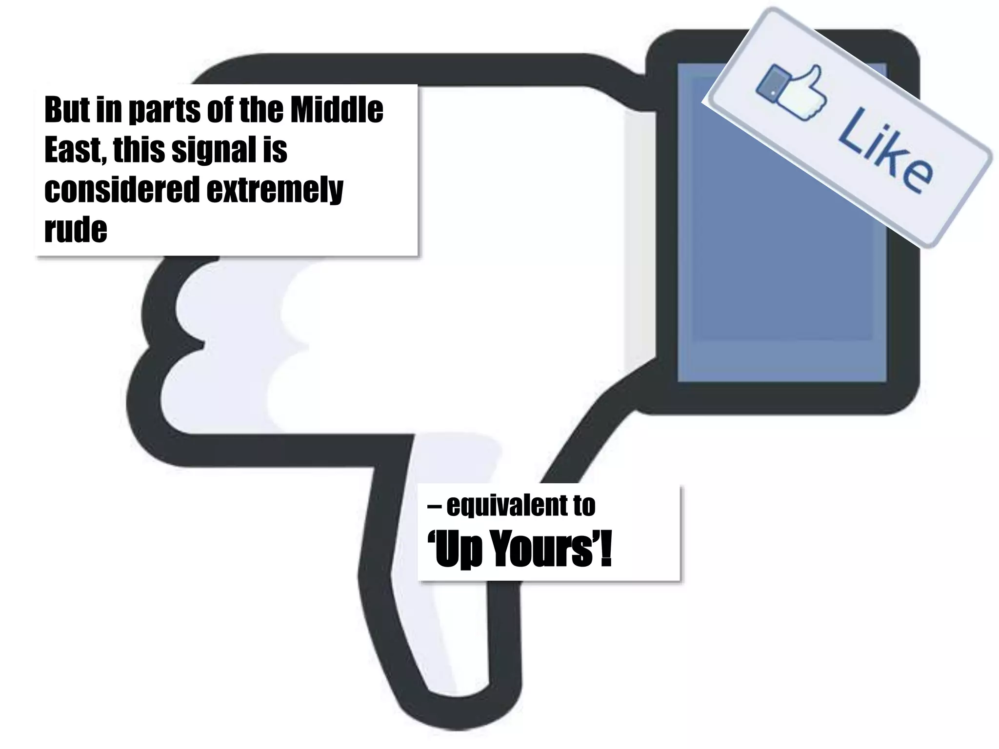 But in parts of the Middle
East, this signal is
considered extremely
rude
– equivalent to
‘Up Yours’!
 
