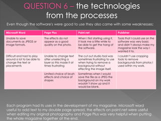 Even though the software's were good to use they also came with some weaknesses;
Microsoft Word Page Plus Paint.net Publisher
Unable to save
documents as JPEGS or
image formats.
The effects do not
appear as a good
quality on the photo.
When I first starting using it,
it took me a little while to
be able to get the hang of
the software.
Tools that I could use on the
software was very basic
and didn’t always make my
magazine look the way I
wanted it to.
Difficult and had to play
around a lot to be able to
change the text or
placements
Unable to change text
after unselecting a
layer so this made it at
times frustrating
The cut out studio tool was
sometimes frustrating to use
when trying to remove a
background without
effecting the image itself.
I couldn’t use cropping
tools to remove
backgrounds from photos I
used within my work.
Limited choice of brush
effects and choice of
shapes
Sometimes when I would
save the file as a JPEG the
background on my work
wouldn’t show up and it
would be blank.
Each program had its uses in the development of my magazine. Microsoft word
useful to add text to my double page spread, the effects on paint.net were useful
when editing my original photography and Page Plus was very helpful when putting
the whole magazine together at the end.
 