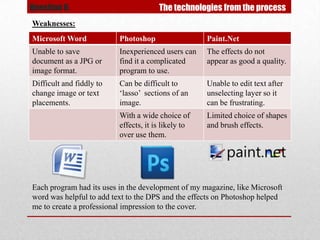 Question 6.                            The technologies from the process
Weaknesses:
Microsoft Word            Photoshop                  Paint.Net
Unable to save            Inexperienced users can    The effects do not
document as a JPG or      find it a complicated      appear as good a quality.
image format.             program to use.
Difficult and fiddly to   Can be difficult to        Unable to edit text after
change image or text      ‘lasso’ sections of an     unselecting layer so it
placements.               image.                     can be frustrating.
                          With a wide choice of      Limited choice of shapes
                          effects, it is likely to   and brush effects.
                          over use them.




Each program had its uses in the development of my magazine, like Microsoft
word was helpful to add text to the DPS and the effects on Photoshop helped
me to create a professional impression to the cover.
 