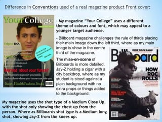 - My magazine “Your College” uses a different
                           theme of colours and font, which may appeal to a
                           younger target audience.
                           - Billboard magazine challenges the rule of thirds placing
                           their main image down the left third, where as my main
                           image is show in the centre
                           third of the magazine.
                           The mise-en-scene of
                           Billboards is more detailed,
                           Jay-Z holding a cigar with a
                           city backdrop, where as my
                           student is stood against a
                           plain background with no
                           extra props or things added
                           to the background.

My magazine uses the shot type of a Medium Close Up,
with the shot only showing the chest up from the
person. Where as Billboards shot type is a Medium long
shot, showing Jay-Z from the knees up.
 