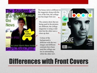 The house style is different in
          the magazine along with the
          size of the font, the college
          one has larger font size

           The camera shots that are
           being used in the pictures
           are different, the college
           magazine is using a mid
           shot but the other uses a
           close up shot.

            Colour of the
            background is
            different with the two
            images and different
            contrasts have been
            used the college one
            ins in surrounding
            while the other isn't.



Differences with Front Covers
 
