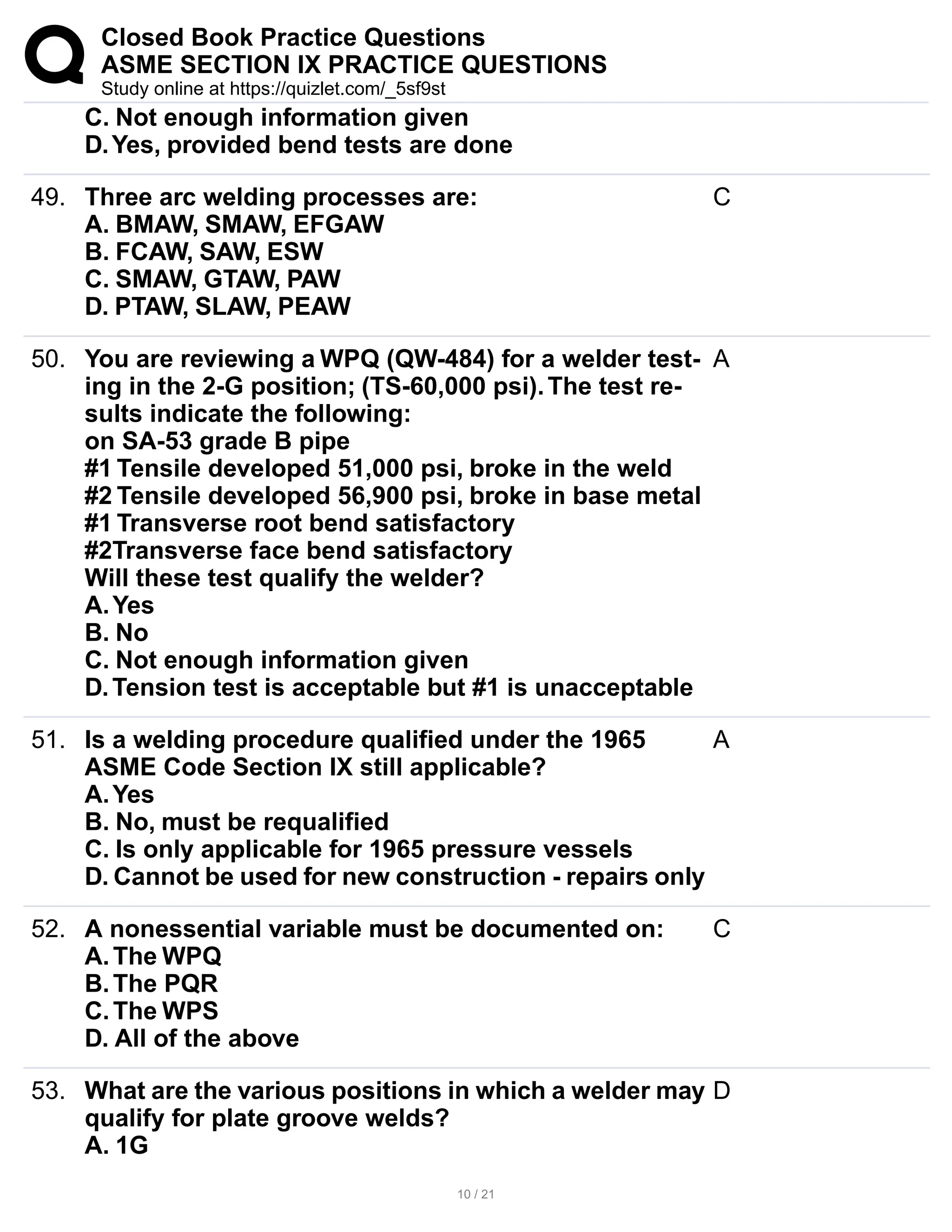 ASME IX_PRACTICE QUESTIONS_Closed Book question | PDF