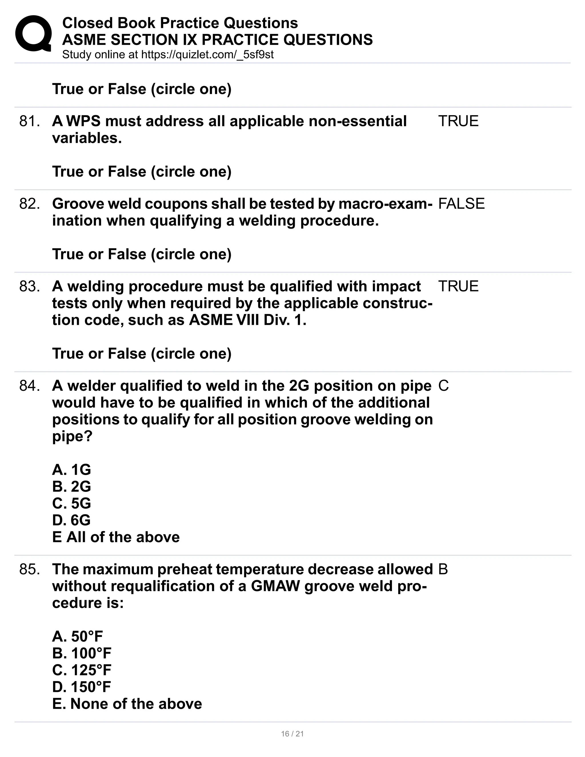 ASME IX_PRACTICE QUESTIONS_Closed Book question | PDF