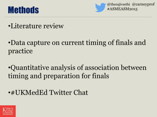 Methods
•Literature review
•Data capture on current timing of finals and
practice
•Quantitative analysis of association between
timing and preparation for finals
•#UKMedEd Twitter Chat
@therajivsethi @carneyprof
#ASMEASM2015
 