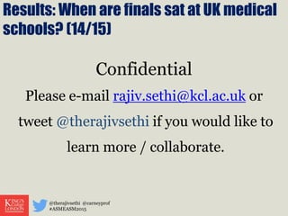Results: When are finals sat at UK medical
schools? (14/15)
@therajivsethi @carneyprof
#ASMEASM2015
Confidential
Please e-mail rajiv.sethi@kcl.ac.uk or
tweet @therajivsethi if you would like to
learn more / collaborate.
 