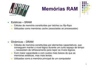 Memórias RAM

   Estáticas – SRAM
       Células de memória constituídas por latches ou flip-flops
       Utilizadas como memórias cache (associadas ao processador)




   Dinâmicas – DRAM
       Células de memória constituídas por elementos capacitativos, que
        conseguem manter o nível lógico durante um curto espaço de tempo
        – necessitam de refrescamento para repor os níveis lógicos.
       Com maior capacidade e com custos mais baixos do que as
        memórias estáticas, mas mais lentas
       Utilizadas como a memória principal de um computador

                                                                           4
 