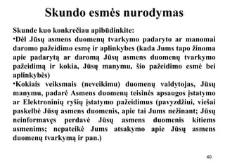 404040
Skundo esmės nurodymas
Skunde kuo konkrečiau apibūdinkite:
•Dėl Jūsų asmens duomenų tvarkymo padaryto ar manomai
daromo pažeidimo esmę ir aplinkybes (kada Jums tapo žinoma
apie padarytą ar daromą Jūsų asmens duomenų tvarkymo
pažeidimą ir kokia, Jūsų manymu, šio pažeidimo esmė bei
aplinkybės)
•Kokiais veiksmais (neveikimu) duomenų valdytojas, Jūsų
manymu, padarė Asmens duomenų teisinės apsaugos įstatymo
ar Elektroninių ryšių įstatymo pažeidimus (pavyzdžiui, viešai
paskelbė Jūsų asmens duomenis, apie tai Jums nežinant; Jūsų
neinformavęs perdavė Jūsų asmens duomenis kitiems
asmenims; nepateikė Jums atsakymo apie Jūsų asmens
duomenų tvarkymą ir pan.)
40
 