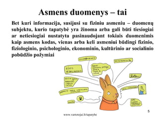 555
Asmens duomenys – tai
Bet kuri informacija, susijusi su fiziniu asmeniu – duomenų
subjektu, kurio tapatybė yra žinoma arba gali būti tiesiogiai
ar netiesiogiai nustatyta pasinaudojant tokiais duomenimis
kaip asmens kodas, vienas arba keli asmeniui būdingi fizinio,
fiziologinio, psichologinio, ekonominio, kultūrinio ar socialinio
pobūdžio požymiai
www.vartotojai.lt/tapatybe
 