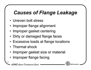 Causes of Flange Leakage
      •   Uneven bolt stress
      •   Improper flange alignment
      •   Improper gasket centering
      •   Dirty or damaged flange faces
      •   Excessive loads at flange locations
      •   Thermal shock
      •   Improper gasket size or material
      •   Improper flange facing
114
 