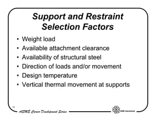 Support and Restraint
              Selection Factors
     •   Weight load
     •   Available attachment clearance
     •   Availability of structural steel
     •   Direction of loads and/or movement
     •   Design temperature
     •   Vertical thermal movement at supports


74
 