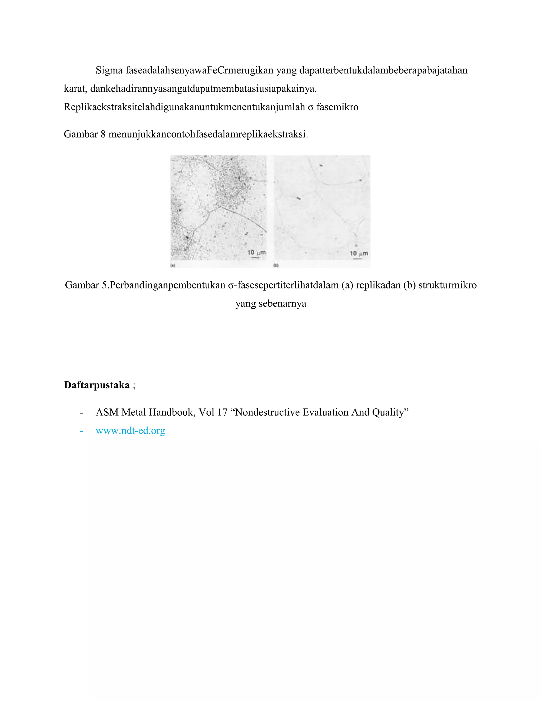 Sigma faseadalahsenyawaFeCrmerugikan yang dapatterbentukdalambeberapabajatahan
karat, dankehadirannyasangatdapatmembatasiusiapakainya.
Replikaekstraksitelahdigunakanuntukmenentukanjumlah σ fasemikro
Gambar 8 menunjukkancontohfasedalamreplikaekstraksi.

Gambar 5.Perbandinganpembentukan σ-fasesepertiterlihatdalam (a) replikadan (b) strukturmikro
yang sebenarnya

Daftarpustaka ;
-

ASM Metal Handbook, Vol 17 “Nondestructive Evaluation And Quality”

-

www.ndt-ed.org

 