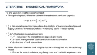 Ho and Saunders (1981) dealership model:
 The optimal spread, difference between interest rate of credit and deposits:
s ...