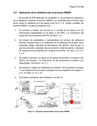 Página 17 de 42
5.2 Aplicación de la soldadura por el proceso GMAW
De acuerdo al WPS elaborado en el capítulo 5.1 se procede a la realización
de la soldadura mediante el proceso GMAW. Los materiales que se tienes para
llevar acabo la soldadura son las placas A-36 de 8” x 8”, equipo completo del
proceso GMAW, y el gas de protección CO2.
1. Se procede a realizar las ranuras en V sencilla de las placas con las
dimensiones especificadas en la figura 3 del WPS, y la verificación del
ángulo de ranura conforme al WPS, ver fotos 1 y 2.
2. Se revisan los parámetros y características del proceso de soldadura
durante el ajuste previo a la realización de la soldadura de prueba, como
amperaje, voltaje, velocidad de alimentación del alambre, flujo de gas, el
gas de protección, polaridad, tipo de corriente, metal de aporte y velocidad
de avance como se especifica en la figura 9 del WPS, ver fotos 3, 4, 5, 6,
7, y 8.
3. Se realiza el punteo y el ajuste de las placas de acuerdo a la figura 3 del
WPS y se procede a la verificación de las dimensiones conforme a lo
especificado. Ver fotos 9, 10 y 11.
4. Se procede a realizar las soldaduras en posición 1G de acuerdo a la figura
7, con limpieza entre los paso y saneado como se especifica en la figura 11
y 12, ver fotos 12, 13, y 14.
5. Se finaliza la aplicación de la soldadura, ver foto 15.
Figura 13. Esquema representativo del proceso GMAW
 