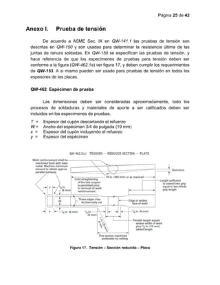 Página 25 de 42
Anexo I. Prueba de tensión
De acuerdo a ASME Sec. IX en QW-141.1 las pruebas de tensión son
descritas en QW-150 y son usadas para determinar la resistencia última de las
juntas de ranura soldadas. En QW-150 se especifican las pruebas de tensión, y
hace referencia de que los especímenes de pruebas para tensión deben ser
conforme a la figura (QW-462.1a) ver figura 17, y deben cumplir los requerimientos
de QW-153. A si mismo pueden ser usado para pruebas de tensión en todos los
espesores de las placas.
QW-462 Espécimen de prueba
Las dimensiones deben ser consideradas aproximadamente, todo los
procesos de soldaduras y materiales de aporte a ser calificados deben ser
incluidos en los especímenes de pruebas.
T = Espesor del cupón descartando el refuerzo
W = Ancho del espécimen 3/4 de pulgada (19 mm)
x = Espesor del cupón incluyendo el refuerzo
y = Espesor del espécimen
Figura 17. Tensión – Sección reducida – Placa
 
