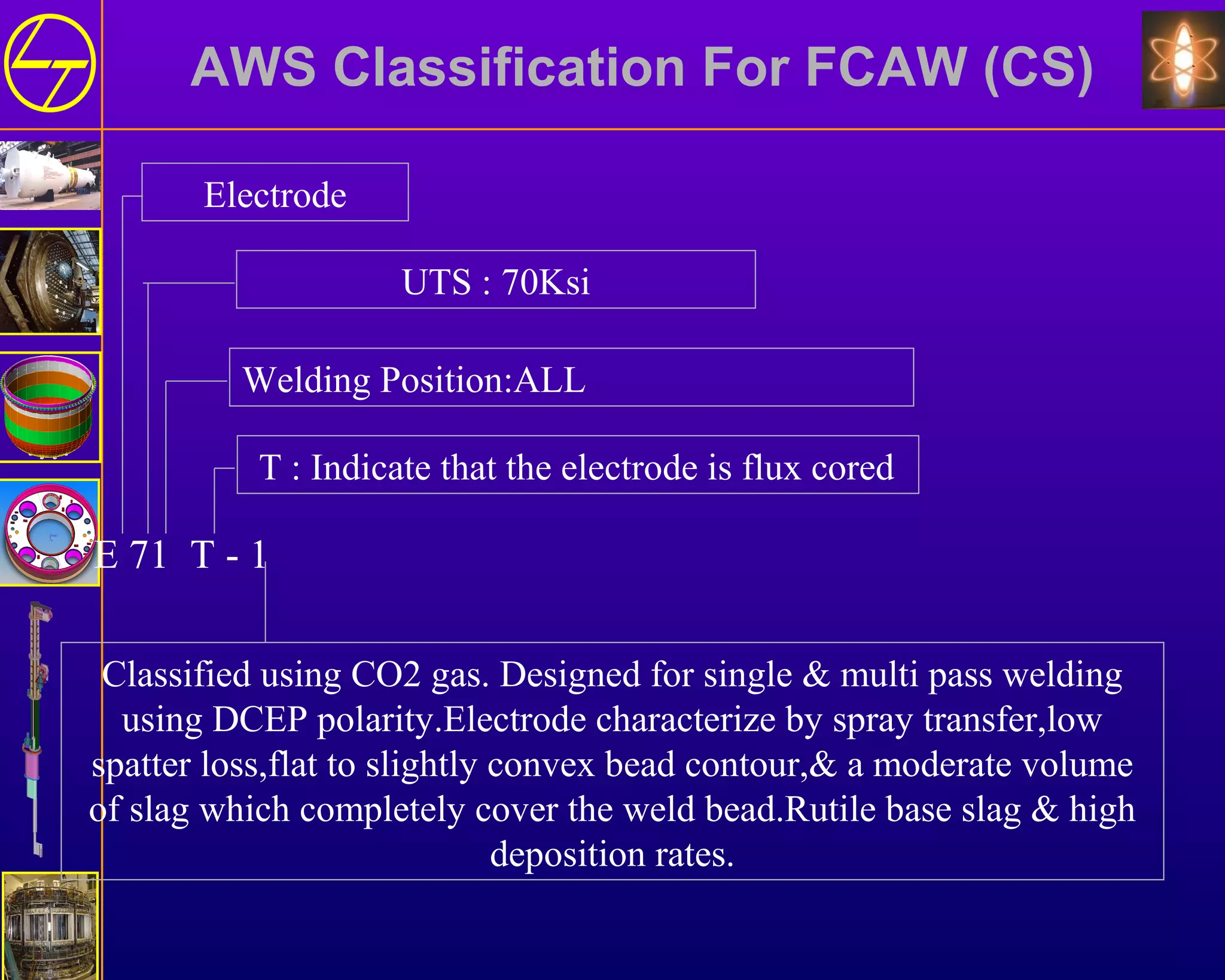 AWS Classification For FCAW (CS)
Electrode
UTS : 70Ksi
T : Indicate that the electrode is flux cored
Classified using CO2 gas. Designed for single & multi pass welding
using DCEP polarity.Electrode characterize by spray transfer,low
spatter loss,flat to slightly convex bead contour,& a moderate volume
of slag which completely cover the weld bead.Rutile base slag & high
deposition rates.
Welding Position:ALL
E 71 T - 1
 