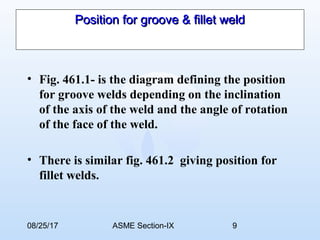 08/25/17 ASME Section-IX 9
Position for groove & fillet weldPosition for groove & fillet weld
• Fig. 461.1- is the diagram defining the position
for groove welds depending on the inclination
of the axis of the weld and the angle of rotation
of the face of the weld.
• There is similar fig. 461.2 giving position for
fillet welds.
 