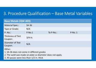 3. Procedure Qualification – Base Metal Variables
Base Metals (QW-403)
Material Spec.: SA-36
Type or Grade: N/A
P- No.: P-No.1 To P-No.: P-No. 1
Thickness of Test
Coupon:
3/4-in.
Diameter of Test
Coupon:
N/A
Other:
1. SA-36 does not come in different grades
2. The weld was made on plate so diameter does not apply.
3. All passes were less than 1/2-in. thick
 