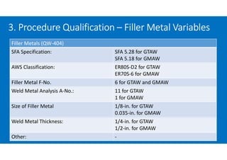 3. Procedure Qualification – Filler Metal Variables
Filler Metals (QW-404)
SFA Specification: SFA 5.28 for GTAW
SFA 5.18 for GMAW
AWS Classification: ER80S-D2 for GTAW
ER70S-6 for GMAW
Filler Metal F-No. 6 for GTAW and GMAW
Weld Metal Analysis A-No.: 11 for GTAW
1 for GMAW
Size of Filler Metal 1/8-in. for GTAW
0.035-in. for GMAW
Weld Metal Thickness: 1/4-in. for GTAW
1/2-in. for GMAW
Other: -
 