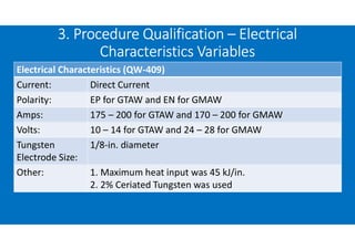 3. Procedure Qualification – Electrical
Characteristics Variables
Electrical Characteristics (QW-409)
Current: Direct Current
Polarity: EP for GTAW and EN for GMAW
Amps: 175 – 200 for GTAW and 170 – 200 for GMAW
Volts: 10 – 14 for GTAW and 24 – 28 for GMAW
Tungsten
Electrode Size:
1/8-in. diameter
Other: 1. Maximum heat input was 45 kJ/in.
2. 2% Ceriated Tungsten was used
 