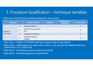 • Relevance of technique variables depend on the process
• QW-410.1 – GTAW and GMAW weld was made using stringer beads
• QW-410.3 – GTAW weld was made with a 5/8-in. cup size and the GMAW weld was
made with a 1-in. nozzle size
• QW-410.5 – Cleaning was done using a wire brush
• QW-410.6 – No back gouging was performed
3. Procedure Qualification – Technique Variables
Paragraph Brief of Variables Essential
Supplementary
Essential
Non-essential
QW-410
Technique
.1 ϕ Stringer/Weave X
.3
ϕ Orifice, Cup or Nozzle
Size
X
.5 ϕ Method of cleaning X
.6
ϕ Method of Back
Gouging
X
 