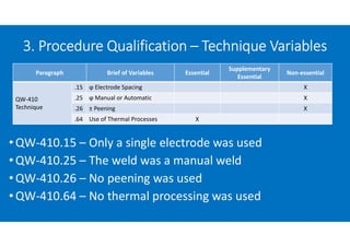 • QW-410.15 – Only a single electrode was used
• QW-410.25 – The weld was a manual weld
• QW-410.26 – No peening was used
• QW-410.64 – No thermal processing was used
3. Procedure Qualification – Technique Variables
Paragraph Brief of Variables Essential
Supplementary
Essential
Non-essential
QW-410
Technique
.15 ϕ Electrode Spacing X
.25 ϕ Manual or Automatic X
.26 ± Peening X
.64 Use of Thermal Processes X
 