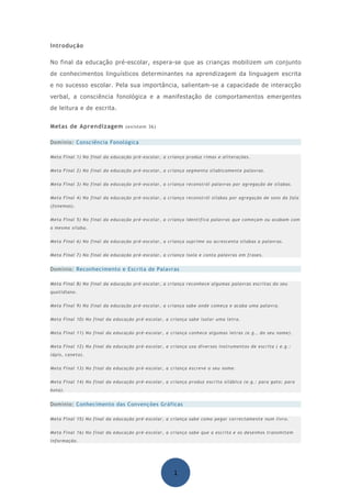 Introdução

No final da educação pré-escolar, espera-se que as crianças mobilizem um conjunto
de conhecimentos linguísticos determinantes na aprendizagem da linguagem escrita
e no sucesso escolar. Pela sua importância, salientam-se a capacidade de interacção
verbal, a consciência fonológica e a manifestação de comportamentos emergentes
de leitura e de escrita.


Metas de Aprendizagem (existem 36)

Domínio: Consciência Fonológica

Meta Final 1) No final da educação pré-escolar, a criança produz rimas e aliterações.


Meta Final 2) No final da educação pré-escolar, a criança segmenta silabicamente palavras.


Meta Final 3) No final da educação pré-escolar, a criança reconstrói palavras por agregação de sílabas.


Meta Final 4) No final da educação pré-escolar, a criança reconstrói sílabas por agregação de sons da fala
(fonemas).


Meta Final 5) No final da educação pré-escolar, a criança identifica palavras que começam ou acabam com
a mesma sílaba.


Meta Final 6) No final da educação pré-escolar, a criança suprime ou acrescenta sílabas a palavras.


Meta Final 7) No final da educação pré-escolar, a criança isola e conta palavras em frases.


Domínio: Reconhecimento e Escrita de Palavras

Meta Final 8) No final da educação pré-escolar, a criança reconhece algumas palavras escritas do seu
quotidiano.


Meta Final 9) No final da educação pré-escolar, a criança sabe onde começa e acaba uma palavra.


Meta Final 10) No final da educação pré-escolar, a criança sabe isolar uma letra.


Meta Final 11) No final da educação pré-escolar, a criança conhece algumas letras (e.g., do seu nome).


Meta Final 12) No final da educação pré-escolar, a criança usa diversos instrumentos de escrita ( e.g.:
lápis, caneta).


Meta Final 13) No final da educação pré-escolar, a criança escreve o seu nome.


Meta Final 14) No final da educação pré-escolar, a criança produz escrita silábica (e.g.: para gato; para
bota).


Domínio: Conhecimento das Convenções Gráficas

Meta Final 15) No final da educação pré-escolar, a criança sabe como pegar correctamente num livro.


Meta Final 16) No final da educação pré-escolar, a criança sabe que a escrita e os desenhos transmitem
informação.




                                                     1
 