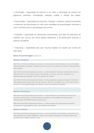 • Informação – Capacidade de procurar e de tratar a informação de acordo com
objectivos       concretos:    investigação,       selecção,     análise     e   síntese     dos      dados.


• Comunicação - Capacidade de comunicar, interagir e colaborar usando ferramentas
e ambientes de comunicação em rede como estratégia de aprendizagem individual e
como contributo para a aprendizagem dos outros.



• Produção – Capacidade de sistematizar conhecimento com base em processos de
trabalho com recurso aos meios digitais disponíveis e de desenvolver produtos e
práticas inovadores



• Segurança – Capacidade para usar recursos digitais no respeito por normas de
segurança.


Metas de Aprendizagem (existem 9)

Domínio: Informação

Meta Final 1) No final da educação pré-escolar, a criança explora livremente jogos e outras actividades
lúdicas acedendo a programas e a páginas da Internet a partir do ambiente de trabalho, disponibilizadas
pelo educador.


Meta Final 2) No final da educação pré-escolar, a criança identifica informação necessária em recursos
digitais off-line e on-line (jogos de pares, de sinónimos e contrários, de cores e tamanhos, etc.),
disponibilizados pelo educador a partir do ambiente de trabalho.


Meta Final 3) No final da educação pré-escolar, a criança categoriza e agrupa informação em função de
propriedades comuns (jogos sobre tipos de alimentos, objectos, actividades, etc.), recorrendo a fontes
off-line e on-line disponibilizadas pelo educador a partir do ambiente de trabalho.




Domínio: Comunicação

Meta Final 4) No final da educação pré-escolar, a criança identifica as tecnologias como meios que
favorecem a comunicação e o fortalecimento de relações de reciprocidade com outras pessoas
(família/escola; comunidade/escola; escola/escola).


Meta Final 5) No final da educação pré-escolar, a criança interage com outras pessoas utilizando
ferramentas de comunicação em rede, com assistência do educador.


Domínio: Produção

Meta Final 6) No final da educação pré-escolar, a criança representa acontecimentos e experiências da
vida quotidiana ou situações imaginadas, usando, com o apoio do educador, ferramentas digitais que
permitam inserir imagens, palavras e sons.




                                                      1
 