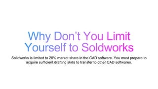 Solidworks is limited to 20% market share in the CAD software. You must prepare to
acquire sufficient drafting skills to transfer to other CAD softwares.
 