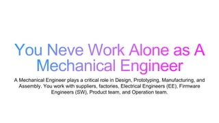 A Mechanical Engineer plays a critical role in Design, Prototyping, Manufacturing, and
Assembly. You work with suppliers, factories, Electrical Engineers (EE), Firmware
Engineers (SW), Product team, and Operation team.
 