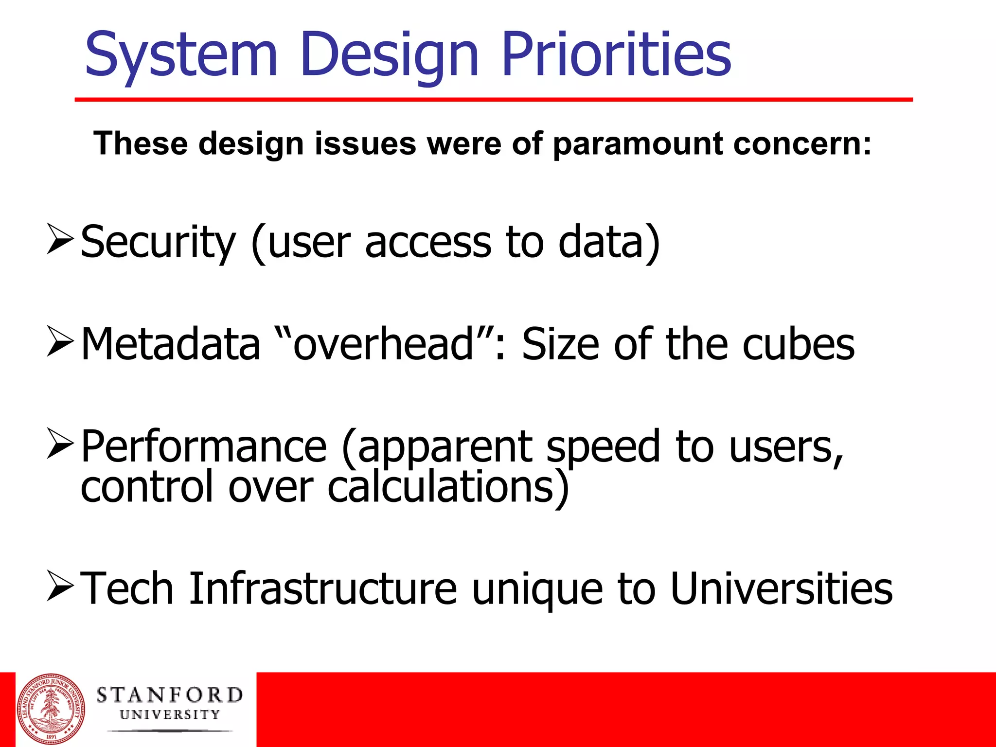 Security (user access to data) Metadata “overhead”: Size of the cubes Performance (apparent speed to users, control over calculations) Tech Infrastructure unique to Universities System Design Priorities These design issues were of paramount concern: 