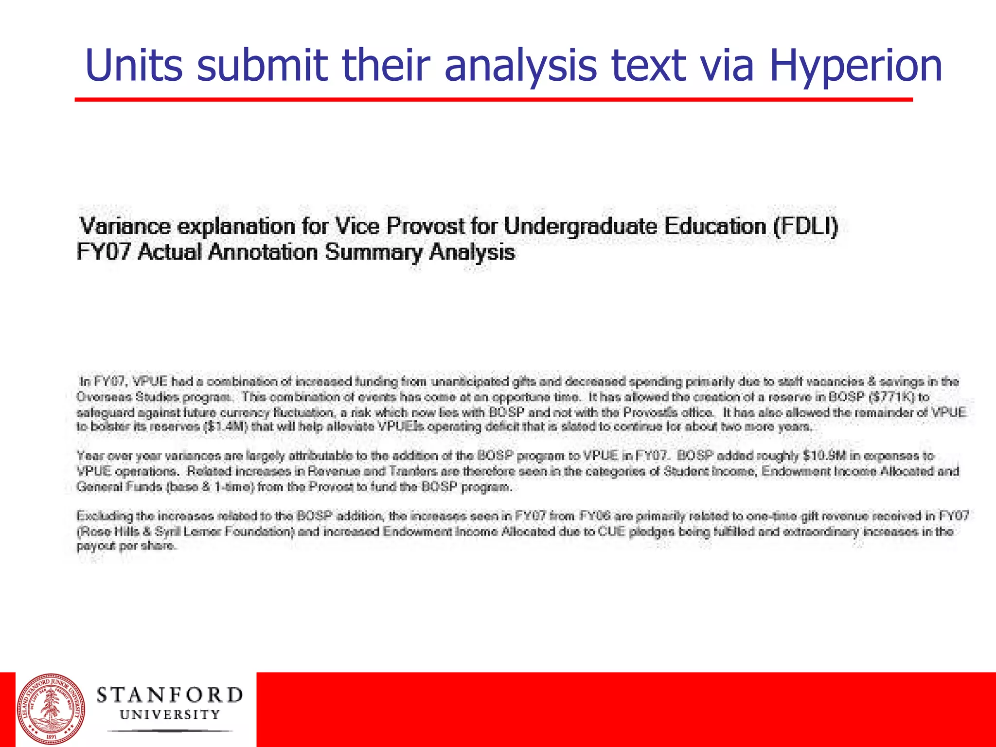 Units submit their analysis text via Hyperion 