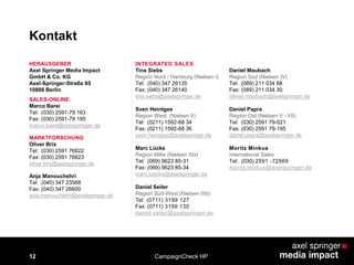 12
Kontakt
INTEGRATED SALES
Tina Siebs
Region Nord / Hamburg (Nielsen I)
Tel: (040) 347 26135
Fax: (040) 347 26140
tina.siebs@axelspringer.de
Sven Heintges
Region West (Nielsen II)
Tel: (0211) 1592-68 34
Fax: (0211) 1592-68 36
sven.heintges@axelspringer.de
Marc Lücke
Region Mitte (Nielsen IIIa)
Tel: (069) 9623 85-31
Fax: (069) 9623 85-34
marc.luecke@axelspringer.de
Daniel Seiler
Region Süd-West (Nielsen IIIb)
Tel: (0711) 3199 127
Fax: (0711) 3199 130
daniel.seiler@axelspringer.de
Daniel Maubach
Region Süd (Nielsen IV)
Tel: (089) 211 034 88
Fax: (089) 211 034 30
daniel.maubach@axelspringer.de
Daniel Papra
Region Ost (Nielsen V - VII)
Tel: (030) 2591 79-021
Fax: (030) 2591 79-195
daniel.papra@axelspringer.de
Moritz Minkus
International Sales
Tel: (030) 2591 -72569
moritz.minkus@axelspringer.de
HERAUSGEBER
Axel Springer Media Impact
GmbH & Co. KG
Axel-Springer-Straße 65
10888 Berlin
SALES-ONLINE
Marco Barei
Tel: (030) 2591-79 163
Fax: (030) 2591-79 195
marco.barei@axelspringer.de
MARKTFORSCHUNG
Oliver Brix
Tel: (030) 2591 76822
Fax: (030) 2591 76823
oliver.brix@axelspringer.de
Anja Manouchehri
Tel: (040) 347 23568
Fax: (040) 347 26600
anja.manouchehri@axelspringer.de
12 CampaignCheck HP
 