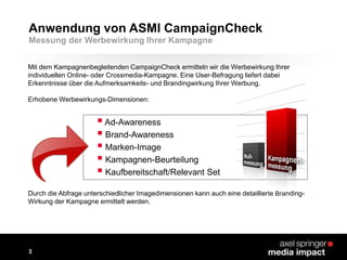Mit dem Kampagnenbegleitenden CampaignCheck ermitteln wir die Werbewirkung Ihrer
individuellen Online- oder Crossmedia-Kampagne. Eine User-Befragung liefert dabei
Erkenntnisse über die Aufmerksamkeits- und Brandingwirkung Ihrer Werbung.
Erhobene Werbewirkungs-Dimensionen:
Ad-Awareness
 Brand-Awareness
 Marken-Image
 Kampagnen-Beurteilung
 Kaufbereitschaft/Relevant Set
Durch die Abfrage unterschiedlicher Imagedimensionen kann auch eine detaillierte Branding-
Wirkung der Kampagne ermittelt werden.
Anwendung von ASMI CampaignCheck
3
Messung der Werbewirkung Ihrer Kampagne
 