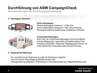  Kampagnen-Volumen:
Online-Kampagne:
Mindest-Kampagnen-Volumen: 1,5 Mio. AIs,
davon idealerweise mindestens 1 Mio. AIs pro Woche,
Kampagnenzeitraum idealerweise mindestens 2 Wochen.
Crossmedia-Kampagne:
Beim Test von Crossmedia-Kampagnen sind aus Fallzahl-
gründen Belegungen besonders reichweitenstarker Print-
Angebote erforderlich. Regionale Teilbelegungen können nur
unter bestimmten Voraussetzungen überprüft werden.
 Zeitpunkt der Messung:
Vor und während der Nullmessung sollte die Kampagne möglichst
noch auf keinem Werbeträger geschaltet worden sein.
Auftragserteilung spätestens 10 Werktage vor Kampagnenstart (bei 3tägiger Nullmessung).
Durchführung von ASMI CampaignCheck
9
Voraussetzungen für die Kampagnenmessung
 