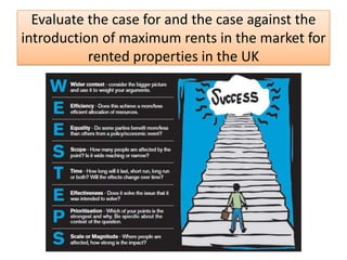 Evaluate the case for and the case against the
introduction of maximum rents in the market for
           rented properties in the UK
 