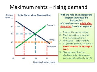 Maximum rents – rising demand
 Rent per   Rental Market with a Maximum Rent            With the help of an appropriate
month (£)                                                     diagram show how the
                                                                   introduction
                                                         of a maximum rent might affect
                                          Supply 1
      P3                                                 the market for rental properties

                                                         1. Max rent is a price ceiling
      P1
                                                         2. Must be set below normal
                                                            free market equilibrium
                                              ceiling
                                                         3. In diagram – set at rent P2
      P2
                                                         4. P2 (ceteris paribus) creates an
                                          Demand 1          excess demand or shortage =
                                                            Q3-Q2
                                                         5. Shortage may lead to a
                                                            shadow market developing –
        O       Q3           Q1          Q2                 some people willing to pay P3
                           Quantity of rented property
 