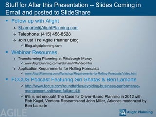 Stuff for After this Presentation -- Slides Coming in
Email and posted to SlideShare
 Follow up with Alight
      BLamorte@AlightPlanning.com
      Telephone: (415) 456-8528
      Join us! The Agile Planner Blog
         Blog.alightplanning.com

 Webinar Resources
      Transforming Planning at Pittsburgh Mercy
         www.Alightplanning.com/Webinars/PM/Video.html
      Application Requirements for Rolling Forecasts
         www.AlightPlanning.com/Workshop/Requirements-for-Rolling-Forecasts/Video.html

 FOCUS Podcast Featuring Sid Ghatak & Ben Lamorte
         http://www.focus.com/roundtables/avoiding-business-performance-
          mangement-software-failure-4-t/
         6% is not enough! The Case for Driver-Based Planning in 2012 with
          Rob Kugel, Ventana Research and John Miller, Arkonas moderated by
          Ben Lamorte

AGILE
 