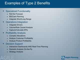 Examples of Type 2 Benefits

 Specialized Functionality
       Roll the Forecast
       BS/Cash Planning
       Integrate Short/Long Range
 Operations Integration
       Integrate Drivers
       Volume/Rate Causal Analysis
       Capture/Calculate KPIs
 Profitability Analysis
       Complex Allocations
       Analyze Customer Profitability
       Analyze Product Profitability
 Decision Support
       Interactive Dashboards AND Real-Time Planning
       Scenario Analysis On-the-Fly
       Strategy Analysis



AGILE
 